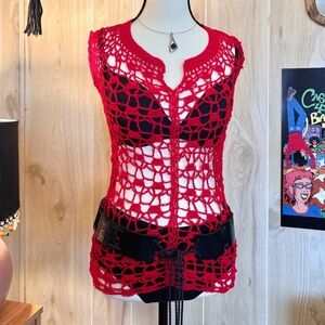 Vintage Women's Small Red Stretch Crochet Top 70s 80s